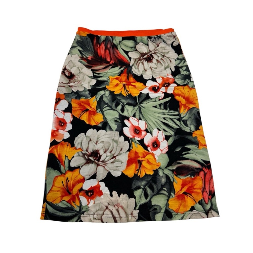 Unbranded Floral‎ Print Skirt Black and Orange Green Peony Trumpet Flowers
